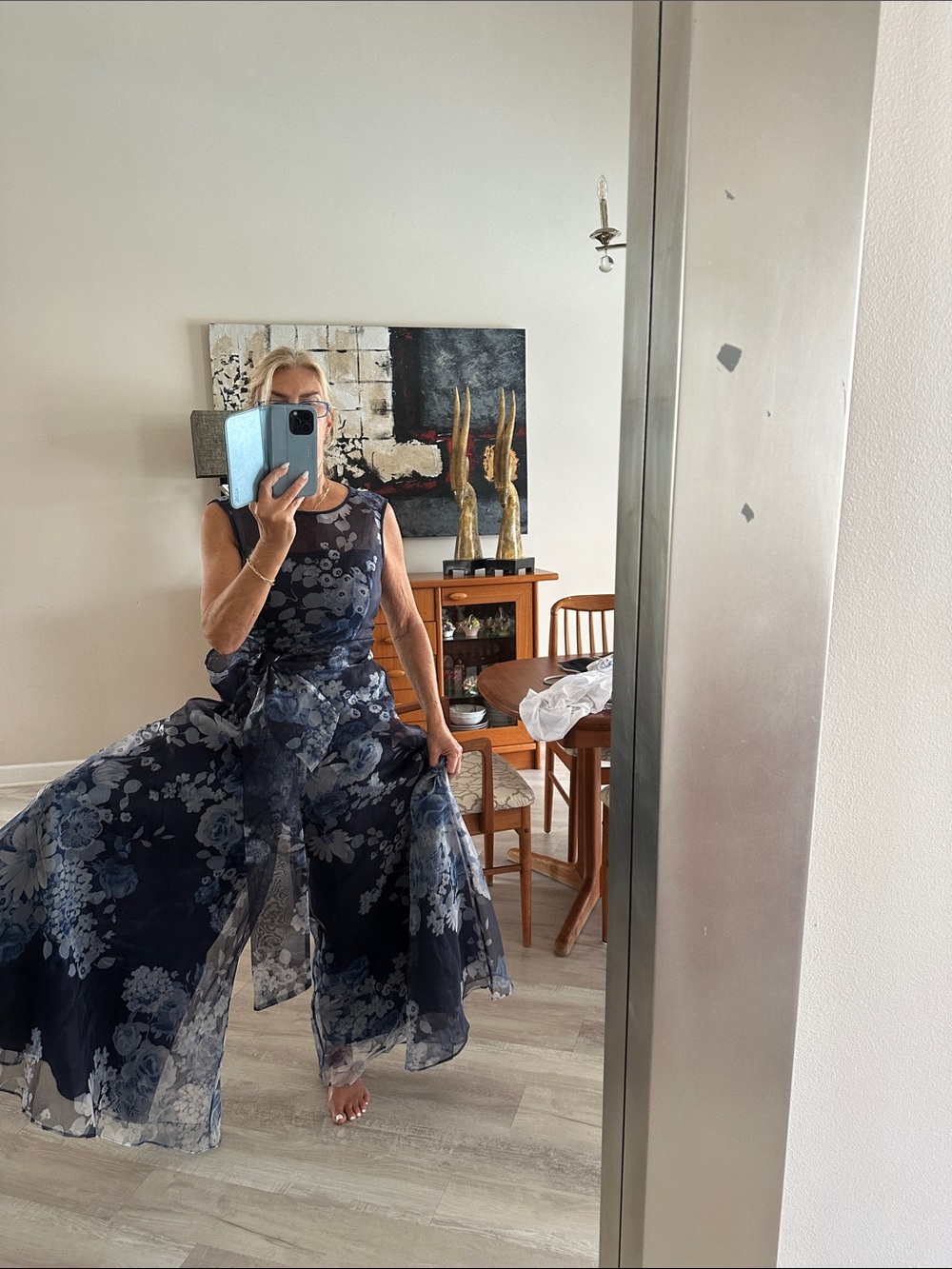 Elegant Navy Floral A-Line Evening Dress - Picture 2 of 3